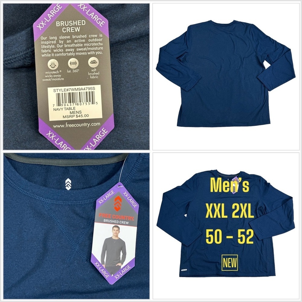 Men’s Free Country 2XL XXL Crewneck Long Sleeve Shirt Navy Blue Fleece Stretch